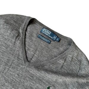 100% Merino Wool Polo Ralph Lauren V Neck Grey Sweater Size L